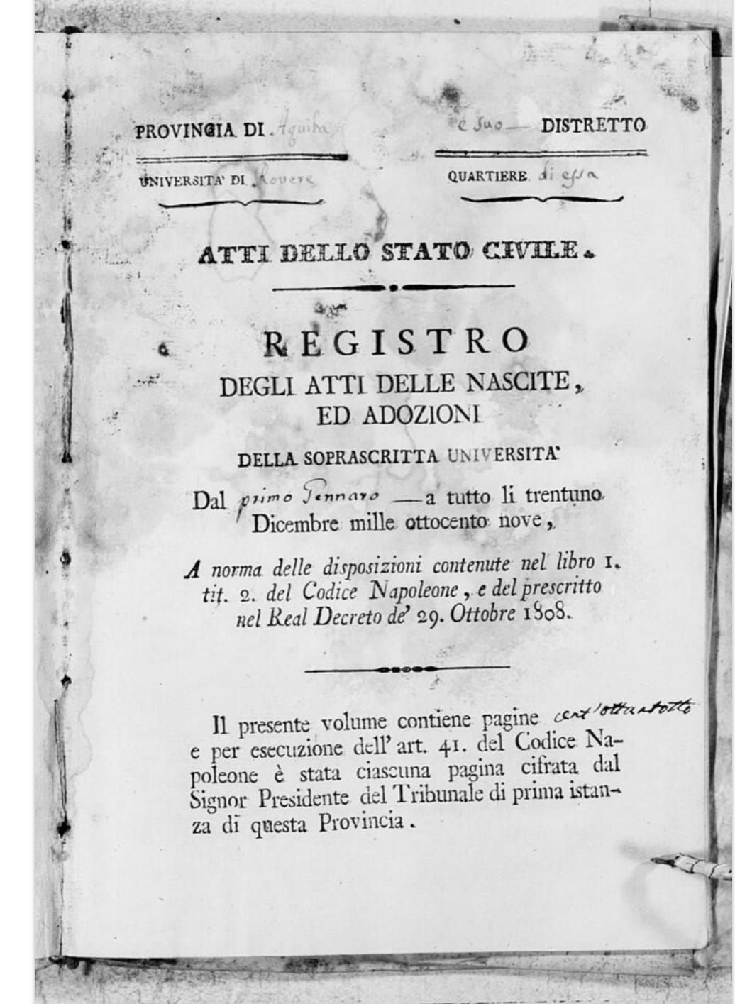 REGISTRO DEGLI ATTI DELLE NASCITE, ED ADOZIONI - ANNO 1809