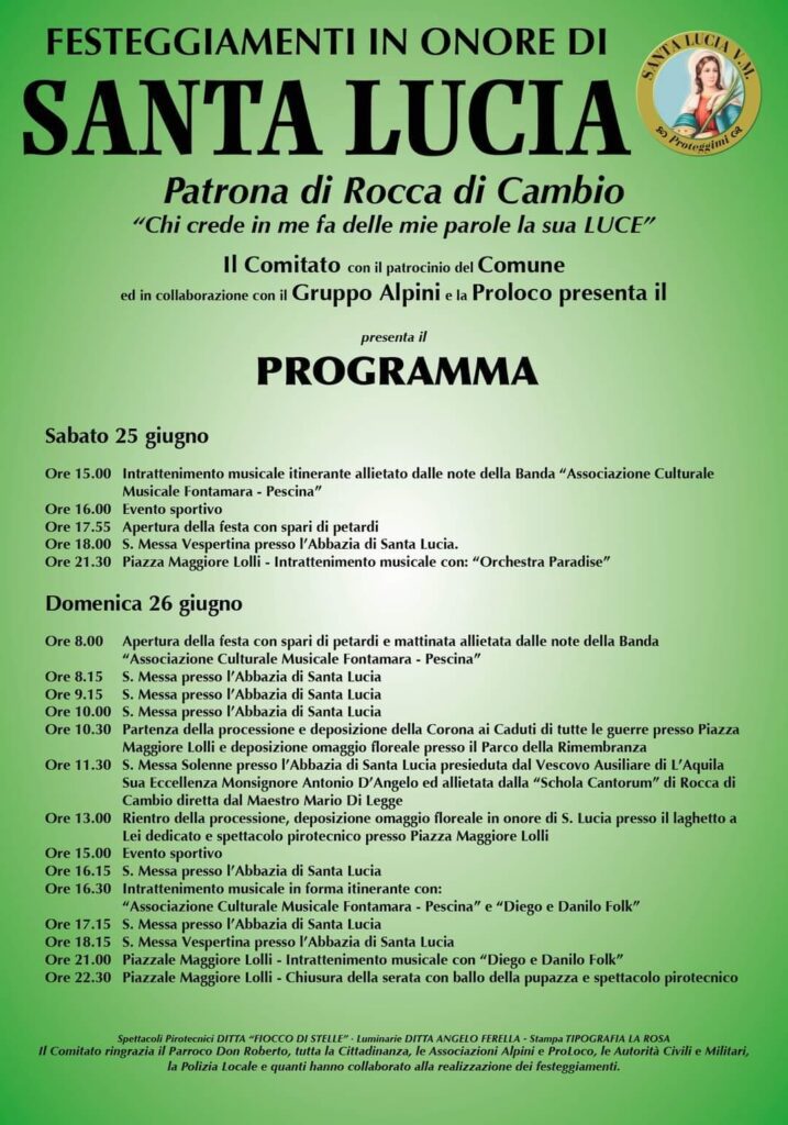 Programma 2022 festa Santa Lucia a Rocca di Cambio